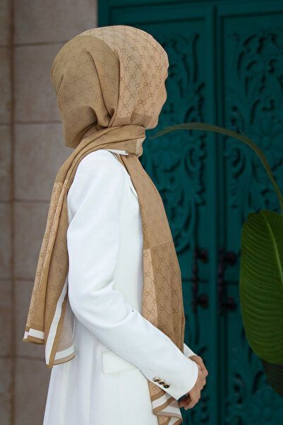 Vissona Luxury Medina Silk Monogram Patterned Beige Color 75X195 Wrinkle-Free Shal Moss Crepe Stitching Type Italian Stitching