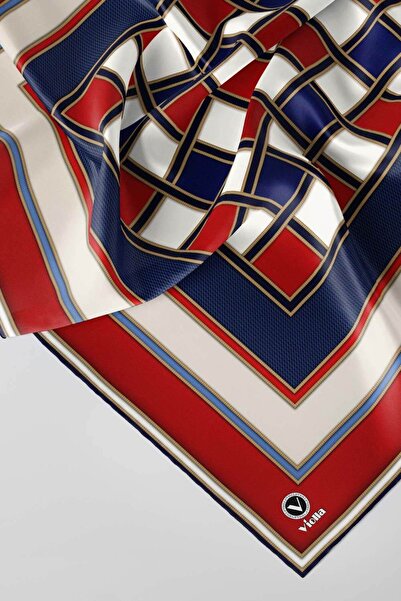 VİOLLA Twill Kare Desenli Kırmızı - Lacivert Renkli 90x90 Dikim Şekli : El Di...