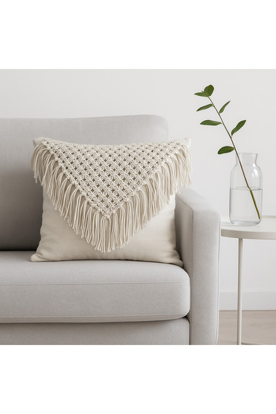 zümal tekstil tasarım Makrome Örgü Keten Dekoratif Kırlent - Yastık Kılıfı Tekli 43x43 Cm (Renk KREM )