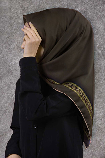 VİOLLA Twill Çizgili Bordür Leopar Desenli Haki Yeşili Renkli 90x90 Eşarp (İp...
