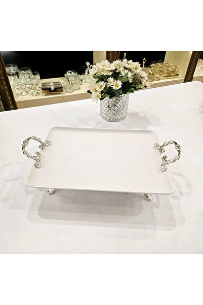 MaviDamla 1 Piece Rectangular Footed Porcelain Presentation Plate Silver