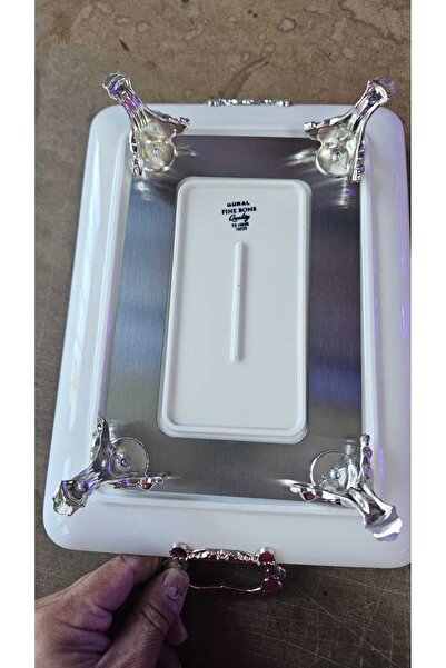 MaviDamla 1 Piece Rectangular Footed Porcelain Presentation Plate Silver
