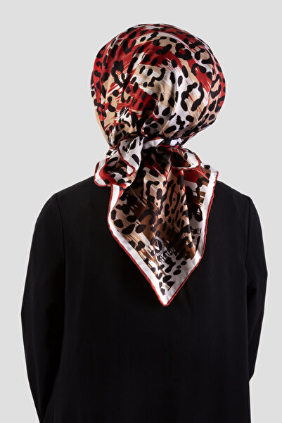 VİOLLA Twill Leopar Desenli Bordo Renkli 90x90 Eşarp (İpek İçermez) Kenar Dik...