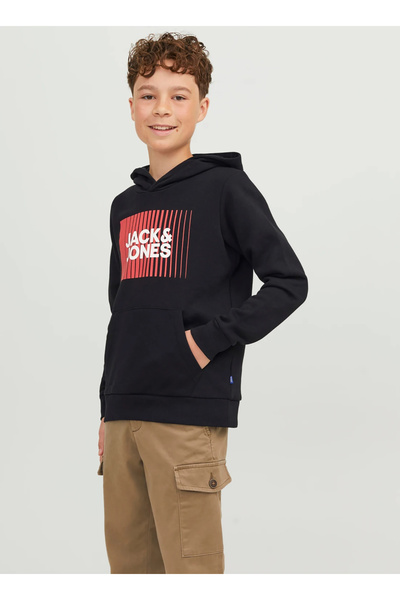 Jack & Jones Siyah Erkek Çocuk Kapüşonlu Uzun Kollu Lastikli Baskılı Sweatshi...