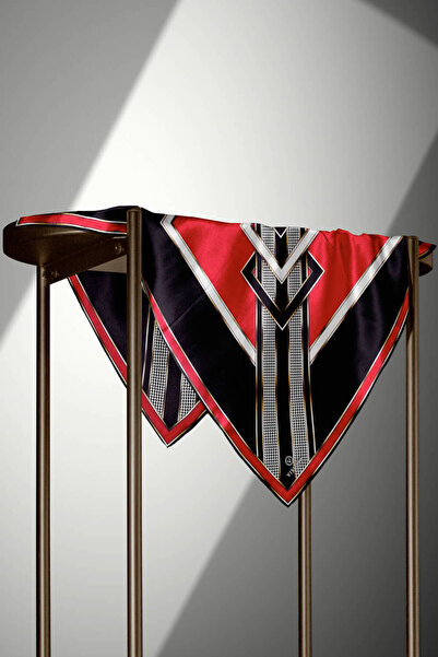 Vissona %100 Twill İpek Kareli Kazayaklı Desenli Siyah - Kırmızı Renkli 90x90 Eşarp Kenar Dikiş Şekli El Dik