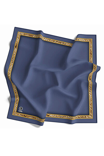 VİOLLA Twill Çizgili Bordür Leopar Desenli İndigo Renkli 90x90 Eşarp (İpek İç...