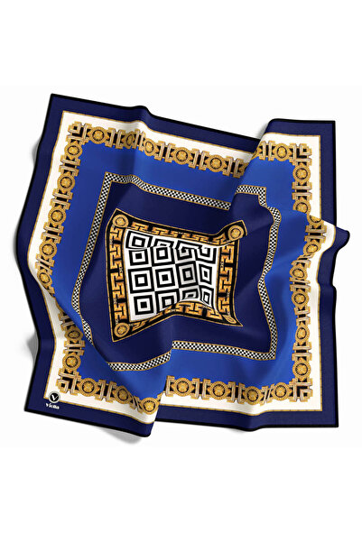 VİOLLA Twill Çizgili Barok Desenli Saks - Siyah Renkli 90x90 Eşarp (İpek İçer...