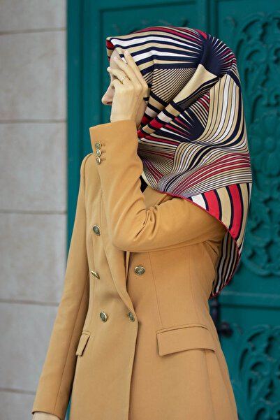 Vissona %100 Twill İpek Okyanus Dalgası Desenli Bej - Kırmızı Renkli 90x90 Eş...