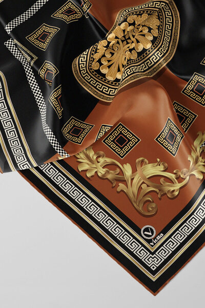 VİOLLA Twill Barok Desenli Taba Renkli 90x90 Eşarp (İpek İçermez) Kenar Dikiş...
