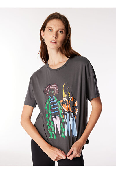 Fabrika Bisiklet Yaka Baskılı Antrasit Kadın T-Shirt F3WL-TST8