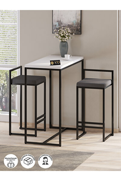 ATS Dekor BARVİA, 2' Li Masa Takımı, Metal Ayaklı ,Mutfak Masası, Siyah Beyaz...