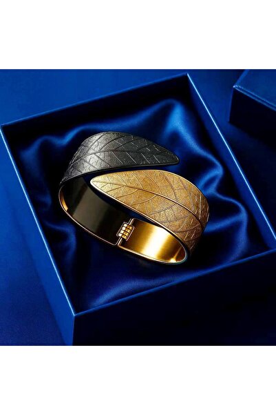 Luxiva altın kaplama yaprak çapraz çelik kelepçe bileklik