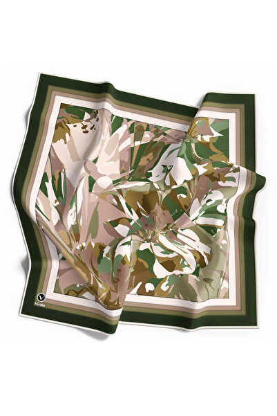 VİOLLA Twill Büyük Çiçek Desenli Zümrüt Yeşili Renkli 90x90 Eşarp (İpek İçerm...