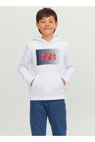 Jack & Jones White Boy's Hooded Long Sleeve Elastic Printed Sweatshirt Jjecor...