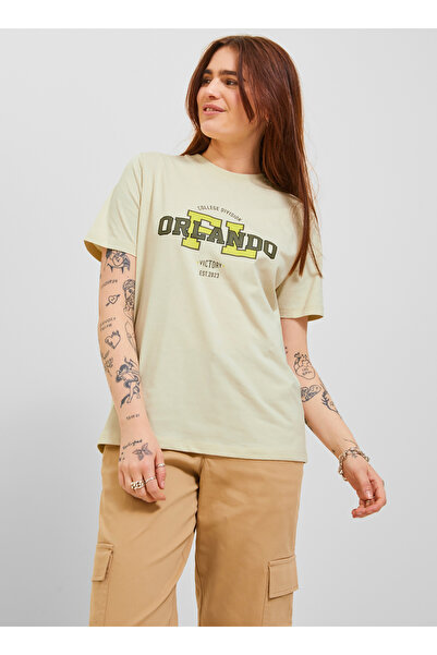 JJXX Bisiklet Yaka Baskılı Kırık Beyaz Kadın T-Shirt JXNAOMI REG SS TEE JRS