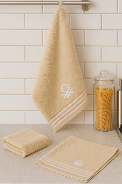 Benetton Home 3 Pieces Bath Towel Hand Face Body Beige 100% Cotton 50X90 cm Hand Towel