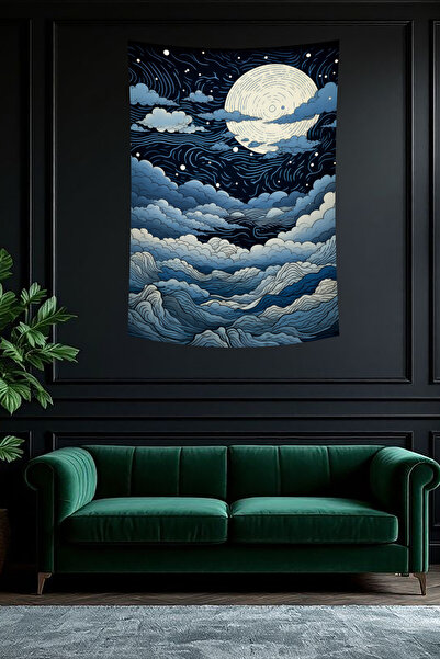 vodler Gece Gökyüzü ve Dolunay Desenli Çizim Duvar Örtüsü