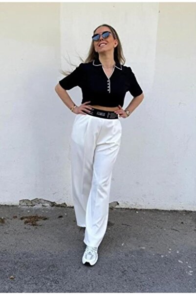 AYSL BUTİK Black Elastic Waist Palazzo Trousers with Text Detail