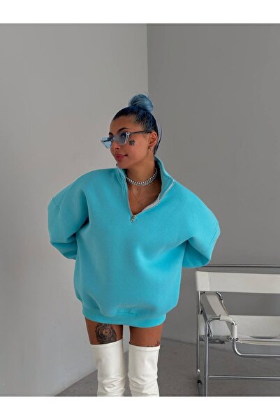 İLKCET MODA Φούτερ με φερμουάρ τιρκουάζ Oversize Unisex
