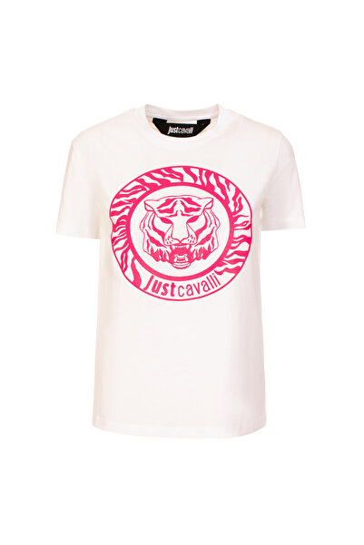 Just Cavalli Bisiklet Yaka Baskılı Beyaz Kadın T-Shirt 74PBHF04