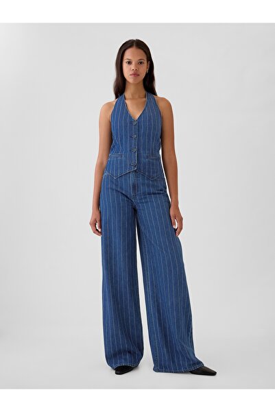 GAP Kadın Koyu Mavi Mid Rise Pinstripe Baggy Jean Pantolon