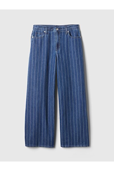 GAP Kadın Koyu Mavi Mid Rise Pinstripe Baggy Jean Pantolon