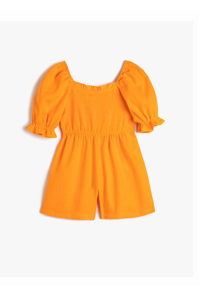 Koton Jumpsuit Linen Blend Short Sleeves Square Collar with Gipe Detail on the Back