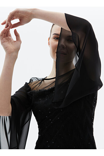 Selen O Yaka Payetli Siyah Standart Kadın Elbise 23YSL7312