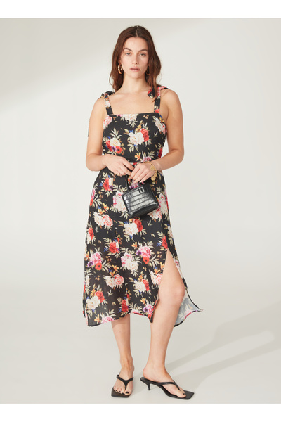 People By Fabrika Çok Renkli Kadın Askılı Midi Desenli Kare Yaka Elbise ROTTER-A