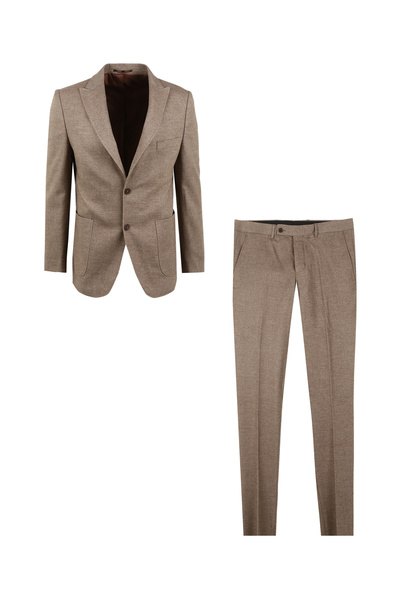 SÜVARİ Açık Kahve Erkek Sivri Yaka Slim Fit Armürlü Takım Elbise TK1006900235