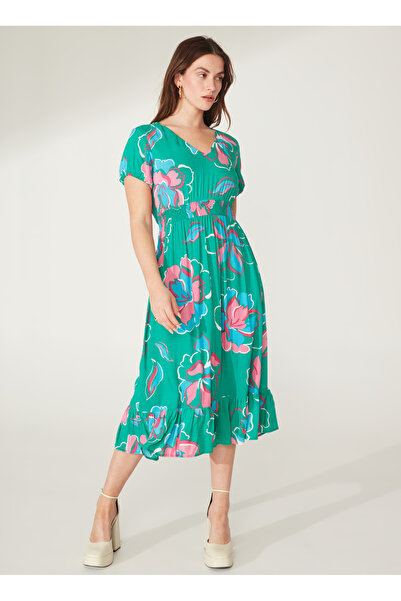 Selen Yeşil Kadın V Yaka Kısa Kol Emprime Elbise 23YSL7323
