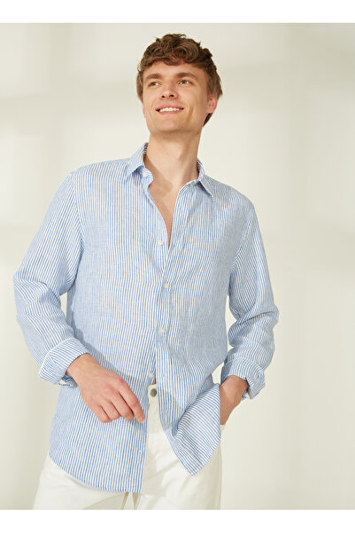Guess Dar Mavi Düz Erkek Gömlek M3GH29WFA00_LS NAUTICAL STRIPE L -