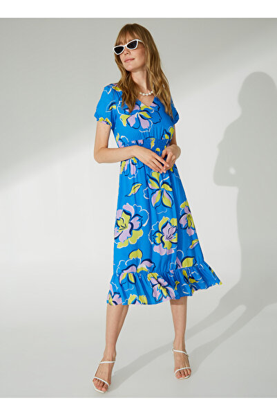 Selen Mavi Kadın Balon Kol Emprime Elbise 23YSL7323