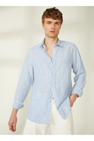 Guess Dar Mavi Düz Erkek Gömlek M3GH29WFA00_LS NAUTICAL STRIPE L -