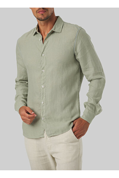 Mr Mood Mr. Mood Standart Düğmeli Yaka Açık Haki Erkek Gömlek Mr Linen Shirt
