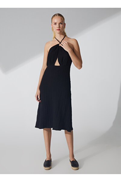 Fabrika Bisiklet Yaka Armürlü Siyah Uzun Kadın Elbise 4KVXL5CM7