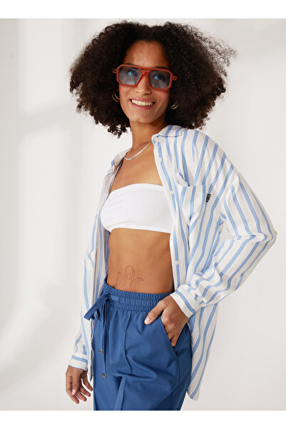 Lee Cooper Regular Fit Klasik Yaka Düz Beyaz - Mavi Kadın Gömlek 232 LCF 2410...