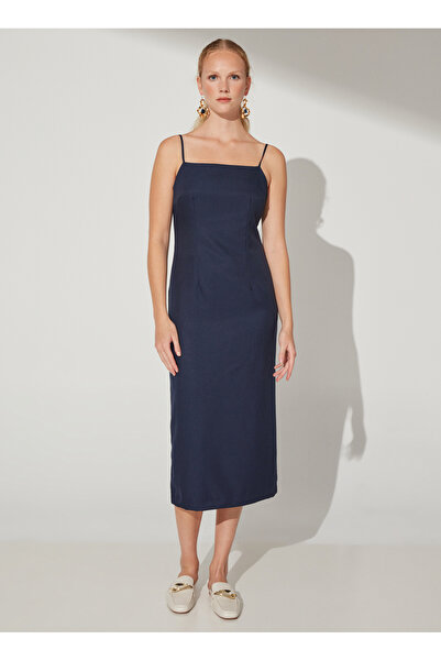 Fabrika Kare Yaka Düz Lacivert Midi Kadın Elbise FISA
