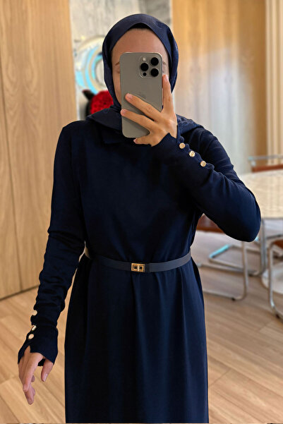 Ka Hijab Belted Shirt Collar Mercerized Dress - Navy Blue