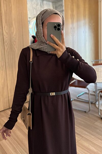 Ka Hijab Kemerli Gömlek Yaka Merserize Elbise - Kahverengi