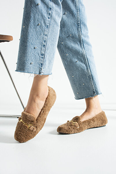 Moda Devrin Women's Tan Buckle Winter Ballerina Shoes for Home and Outdoor Use