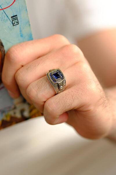 dergah tesbih Payitaht Serisi Lacivert Taşlı 925 Ayar Gümüş Yüzük