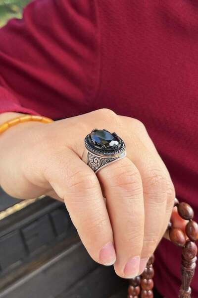 dergah tesbih Harzemşah Serisi Siyah Taşlı Gümüş Erkek Yüzük