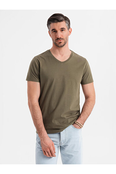 OMBRE Ανδρικό κλασικό βαμβακερό μπλουζάκι BASIC με λαιμόκοψη σεράπ - σκούρο λαδί V6 OM-TSBS-0237 S