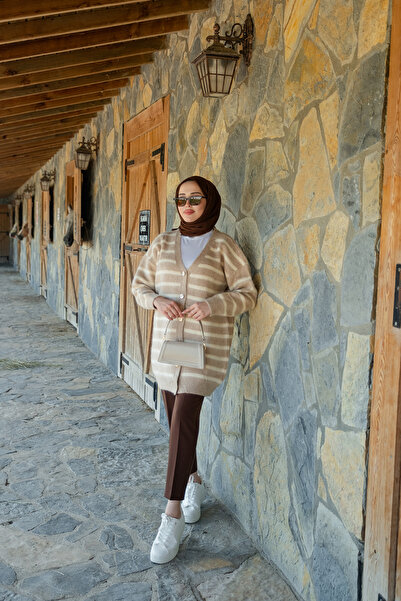 LOCCO Γυναικείο ριγέ μακρύ πλεκτό παλτό βιζόν