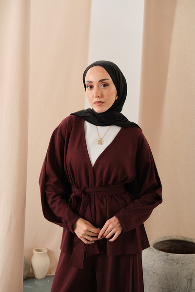 LOCCO Women's Tie-Waist Kimono Set Burgundy