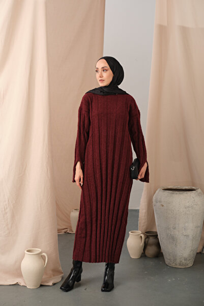 LOCCO Women's Self-Patterned Knitwear Dress Burgundy