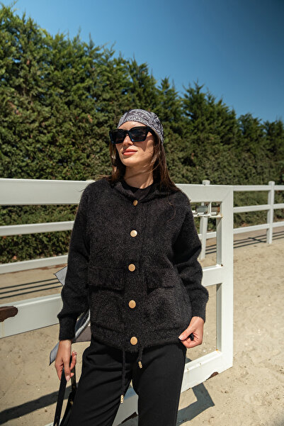 LOCCO Jachetă scurtă din tricot cu glugă pentru femei, neagră