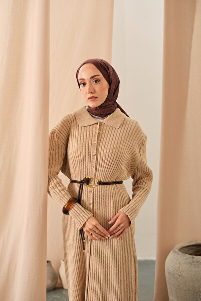 LOCCO Kadın Düğme Detay Triko Elbise Bej