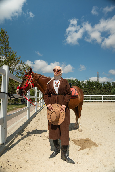 LOCCO Дамски плетен кардиган с колан, кафяв